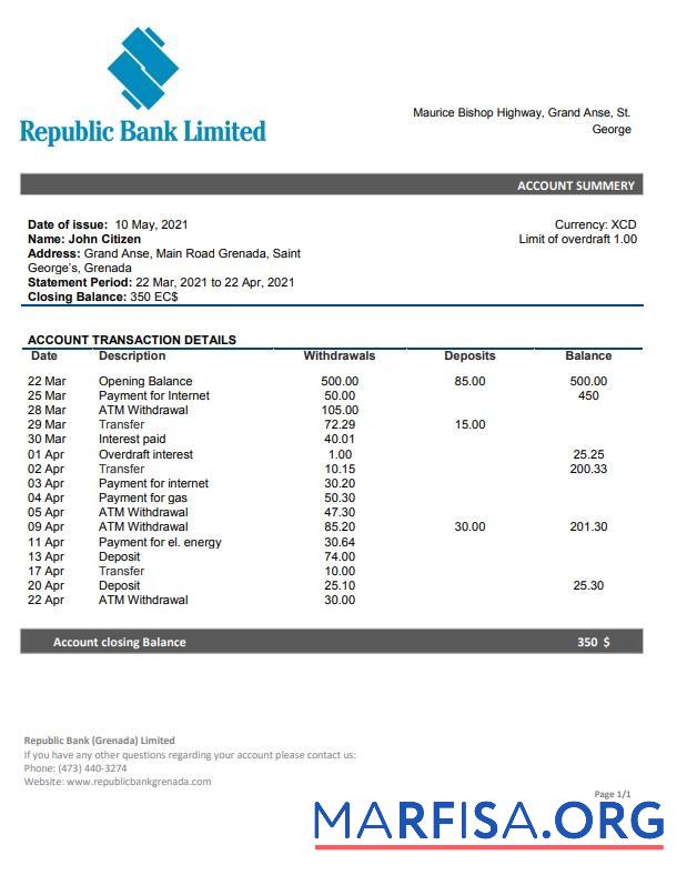 Blank Grenada Republic bank statement word real example